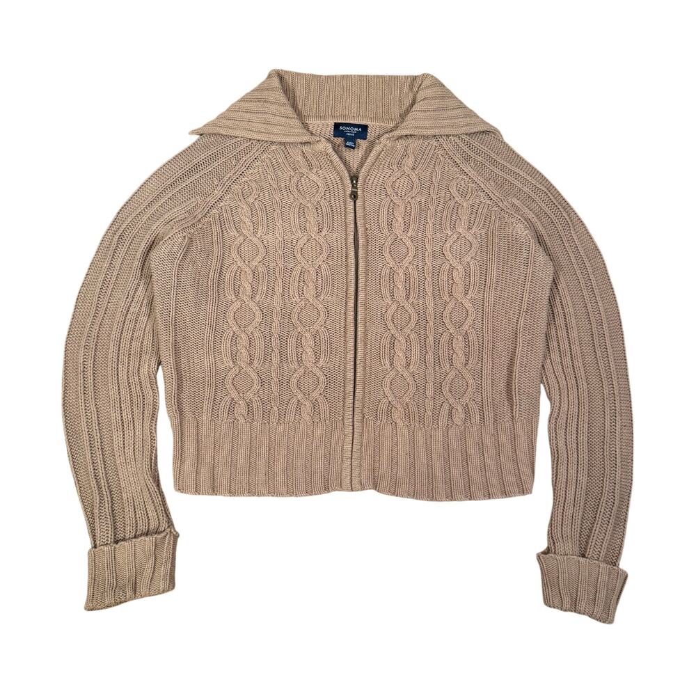 Brown Tan Cable Knit Zip Cardigan Sweater Petite XL Sonoma Cotton Blend Ribbed